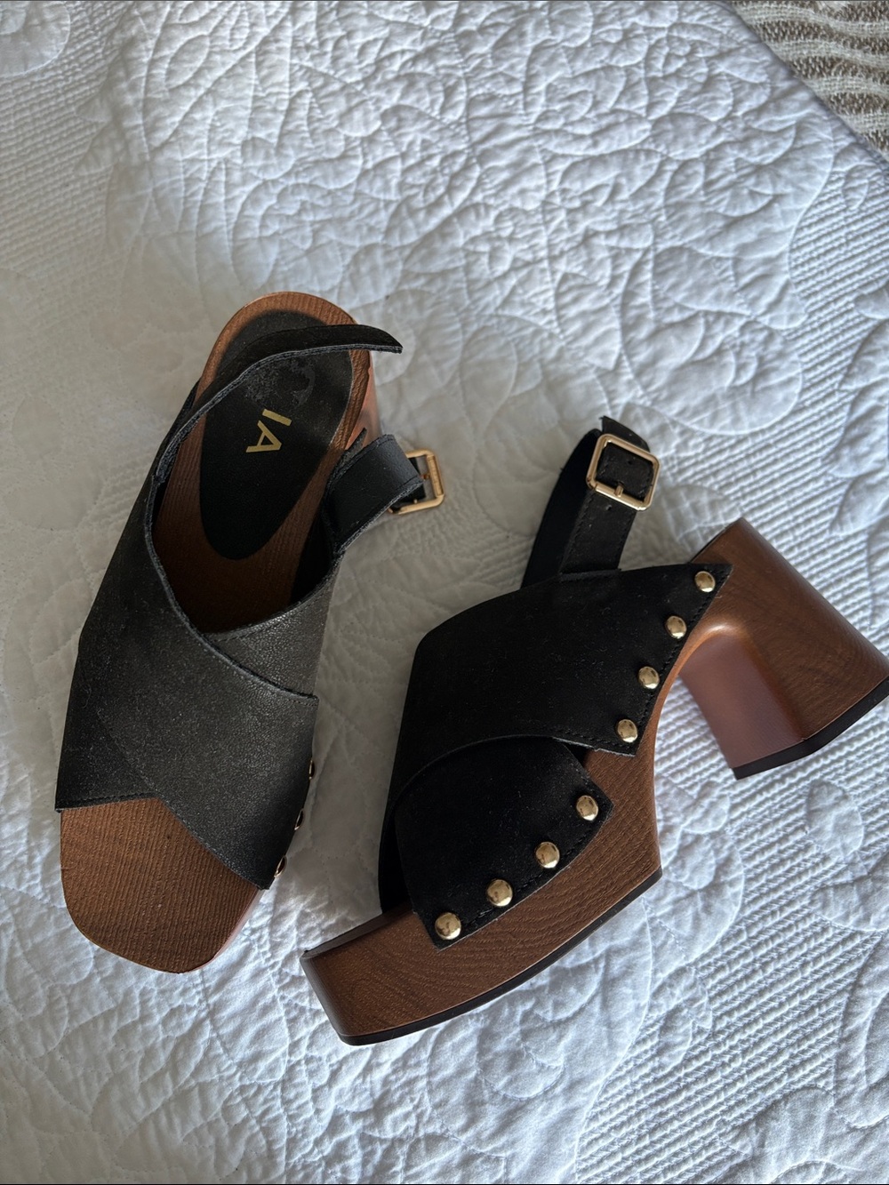 MIA Black Suede Studded Platform Clogs with Wood-Look Heel